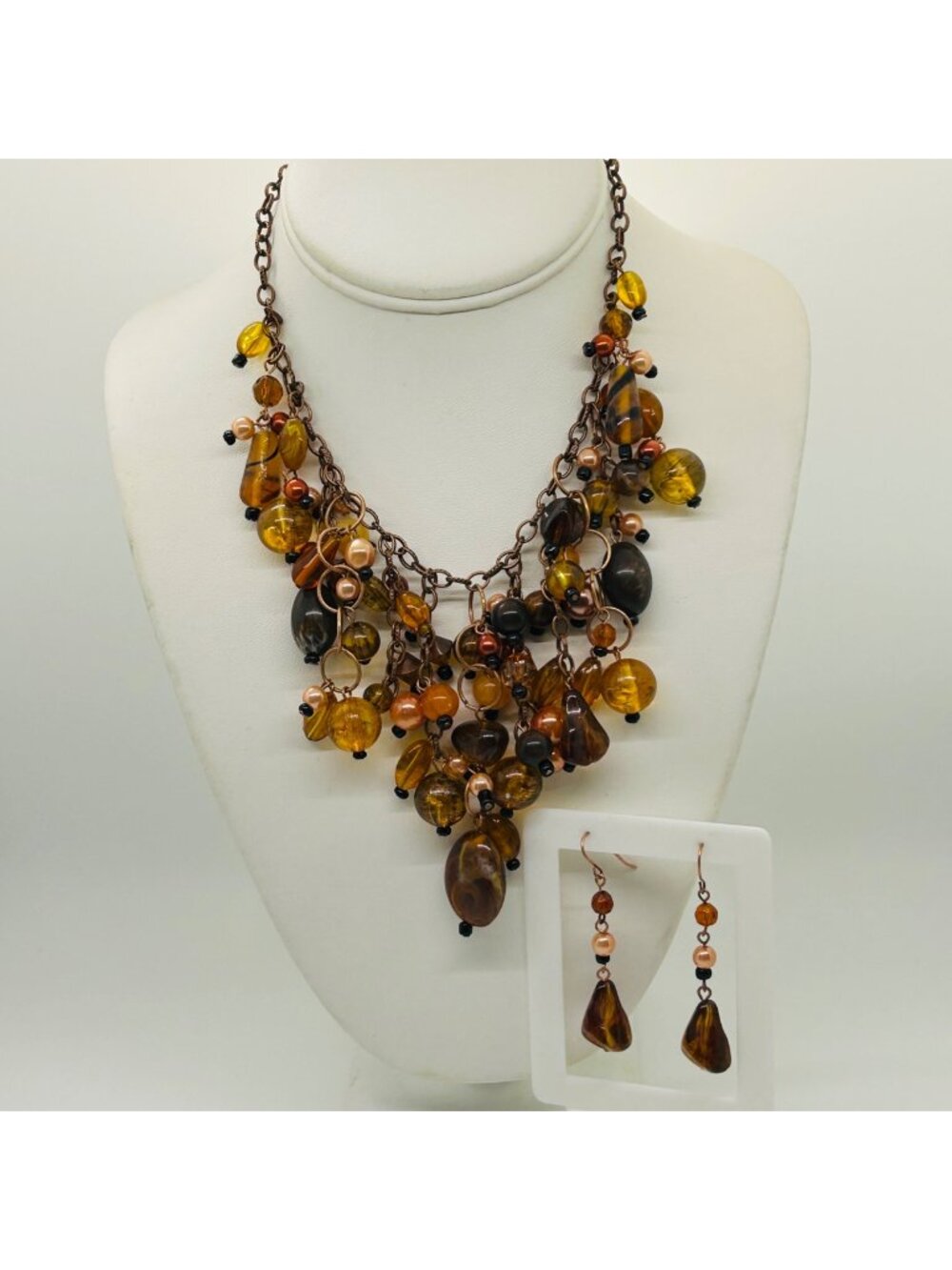 Necklace Earring Set Cognac Brown Orange Acrylic Beaded Bib Statement